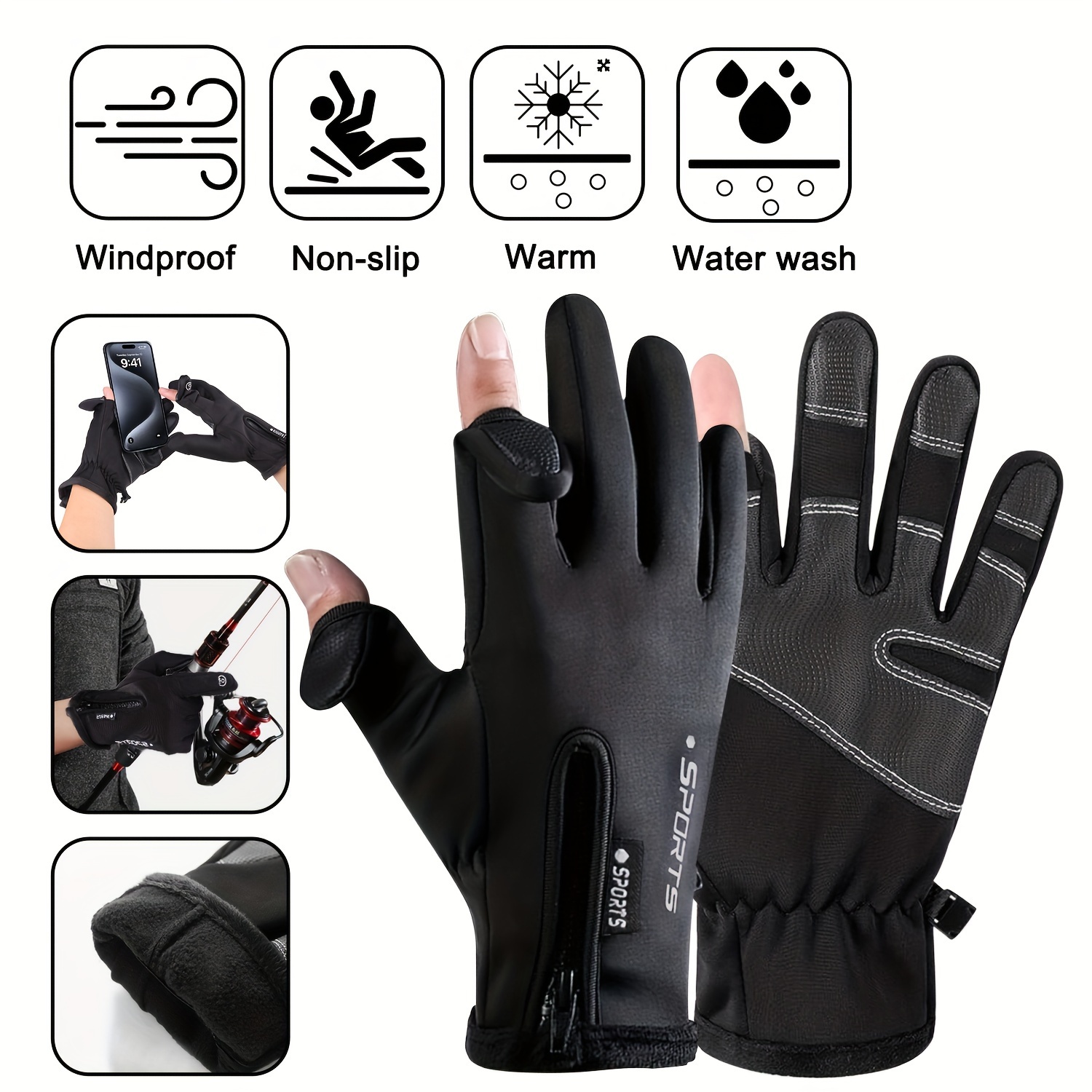 2 Finger Flip Fingerless Gloves Winter Fishing Gloves Non-slip