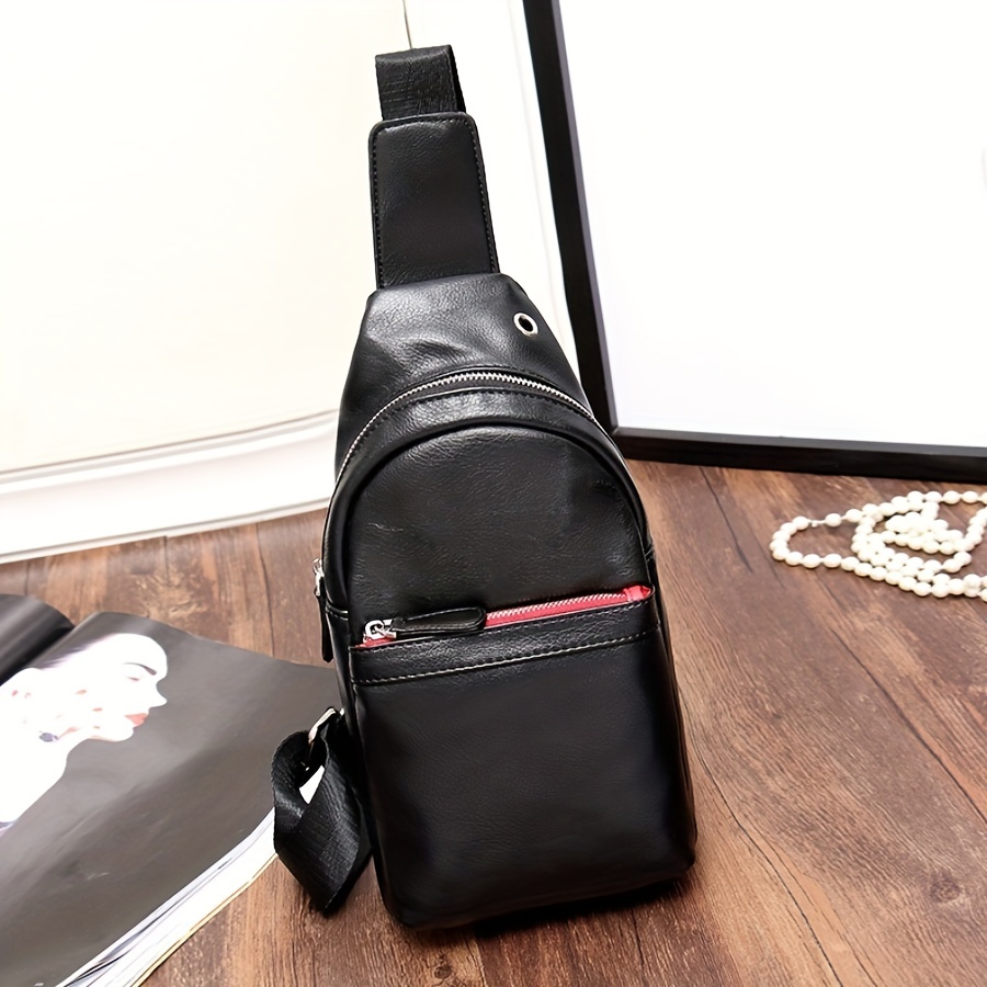 Men's Leather Crossbody Bag Chest Bag with Earphone Hole