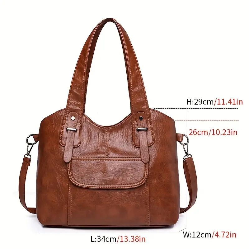retro solid color tote bag soft leather pu bag womens stylish shoulder bag with zipper Product details 0