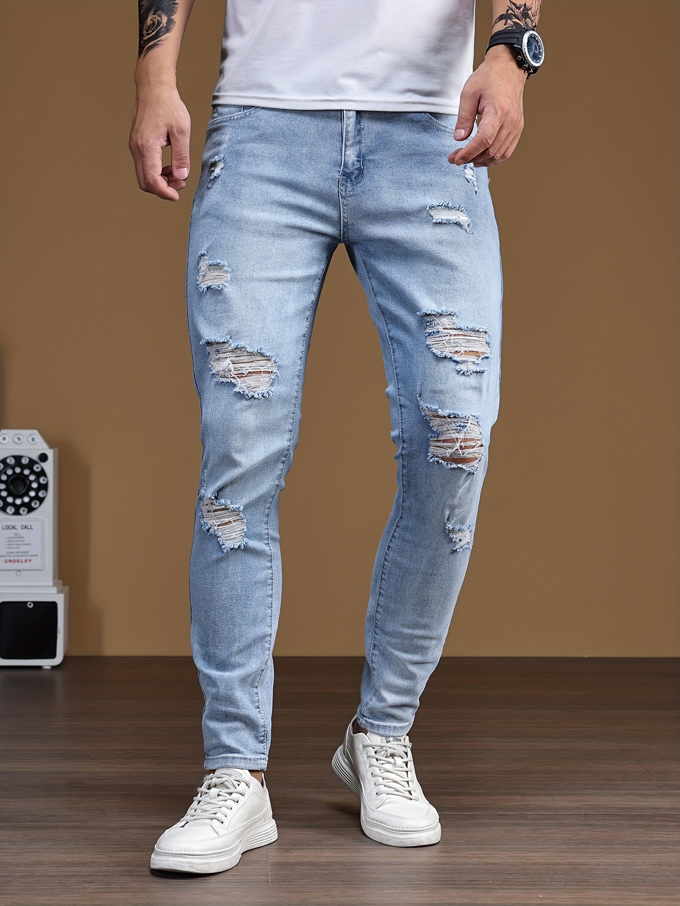 Slim Fit Ripped Jeans Men\'s Distressed Casual - Street Style Temu