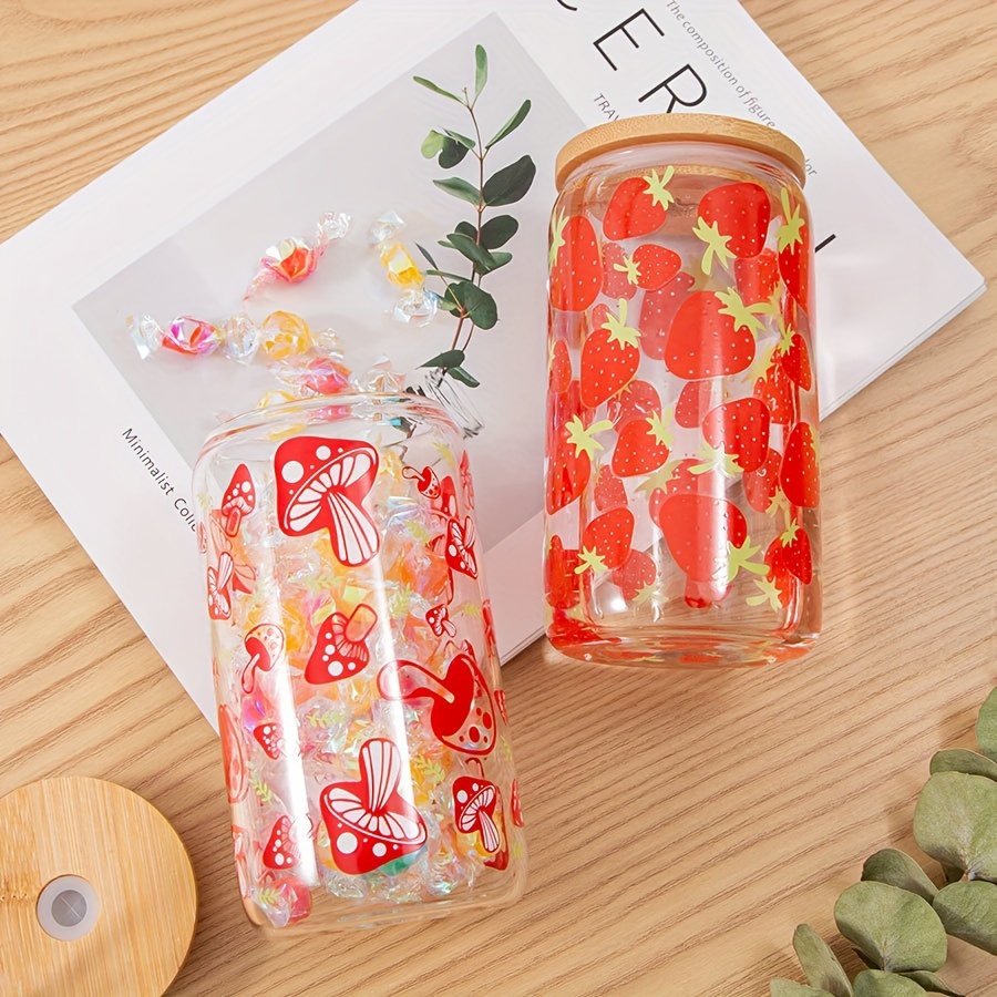 1pc/4pcs, Ice Coffee Cups With Bamboo Lids And Glass Straws, 16oz Flowers  Printed Beer Can Glasses, Halloween Gifts, Christmas Gifts