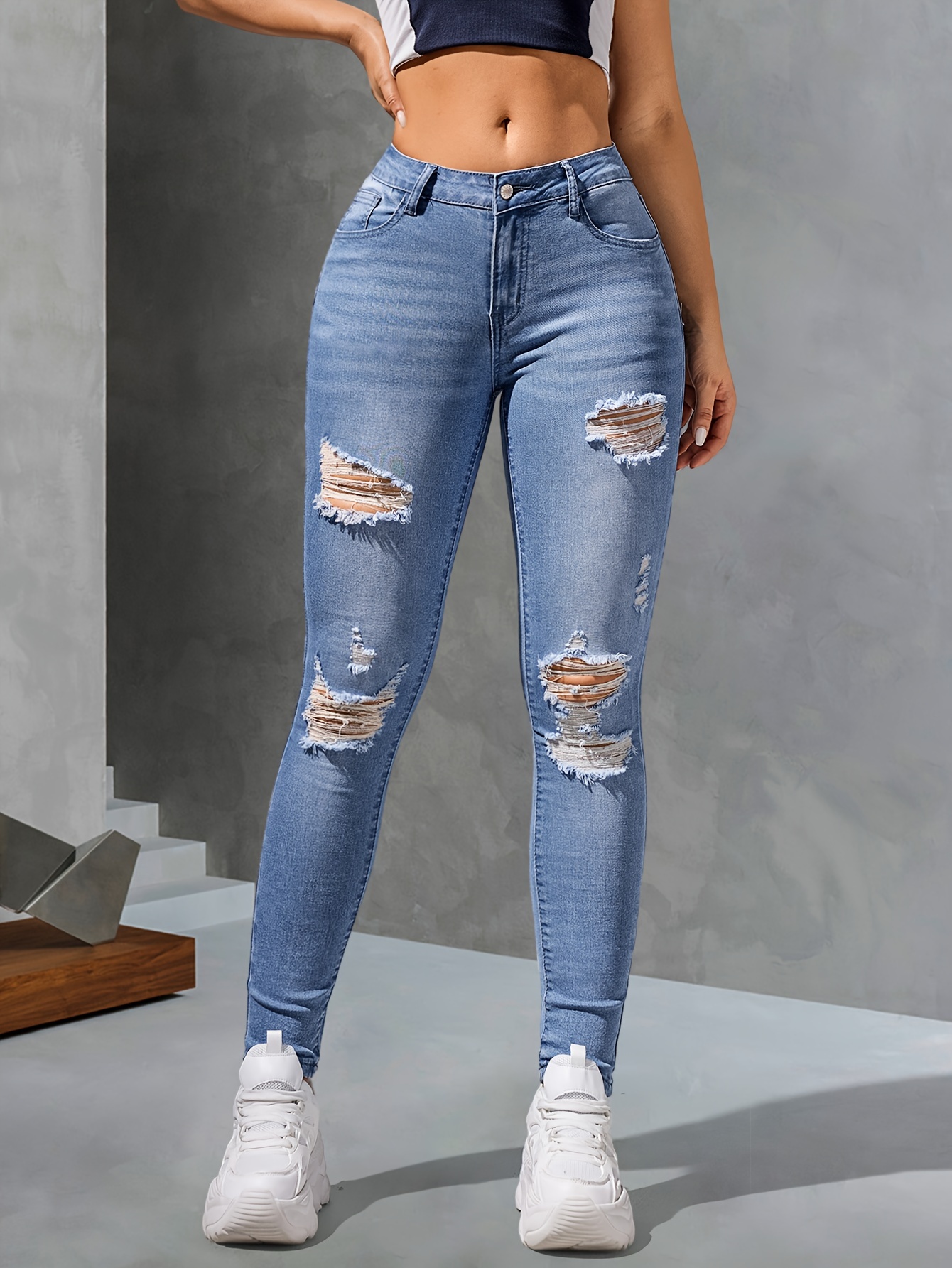 Sky Blue Ripped Hole Distressed Skinny Jeans, Plicated Pattern Slant Pocket  Slim Fitted Denim Pants, Women's Denim Jeans & Clothing