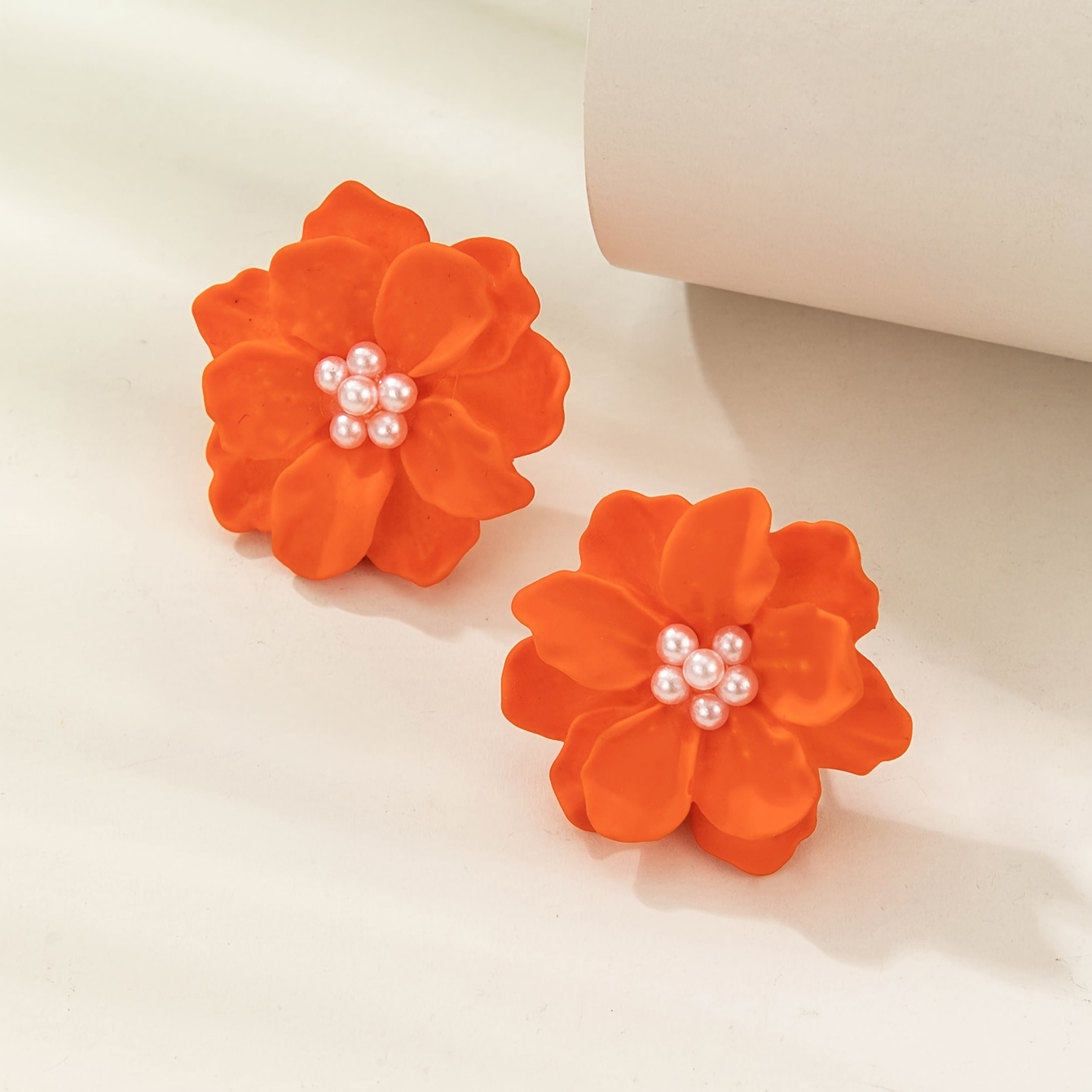 Versatile Orange Camellia Flower Stud Earrings, 1 Pair