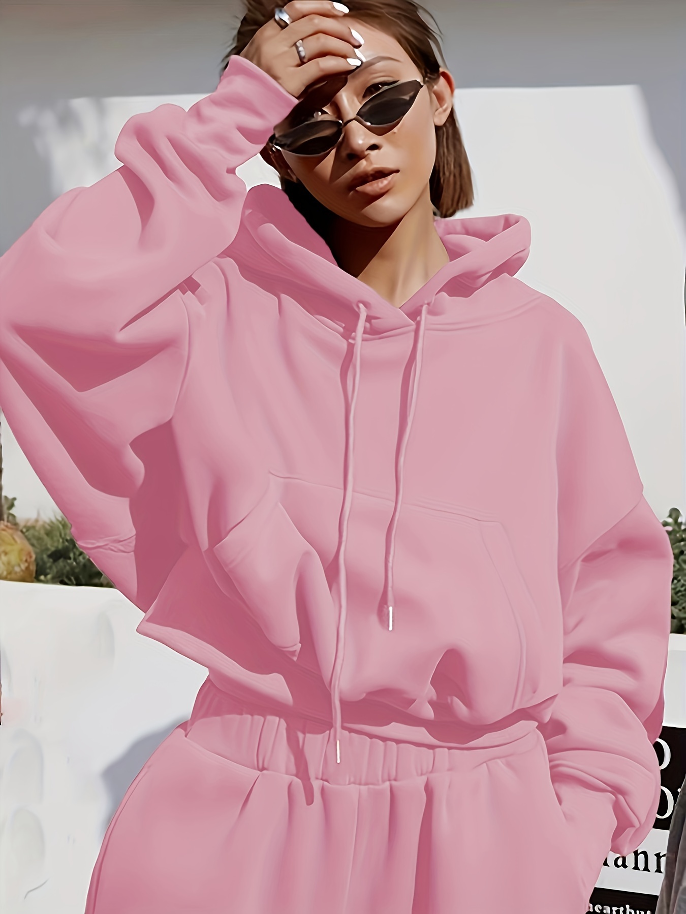 Athleisure Set Oversized Solid Hooded Pocket Drawstring - Temu