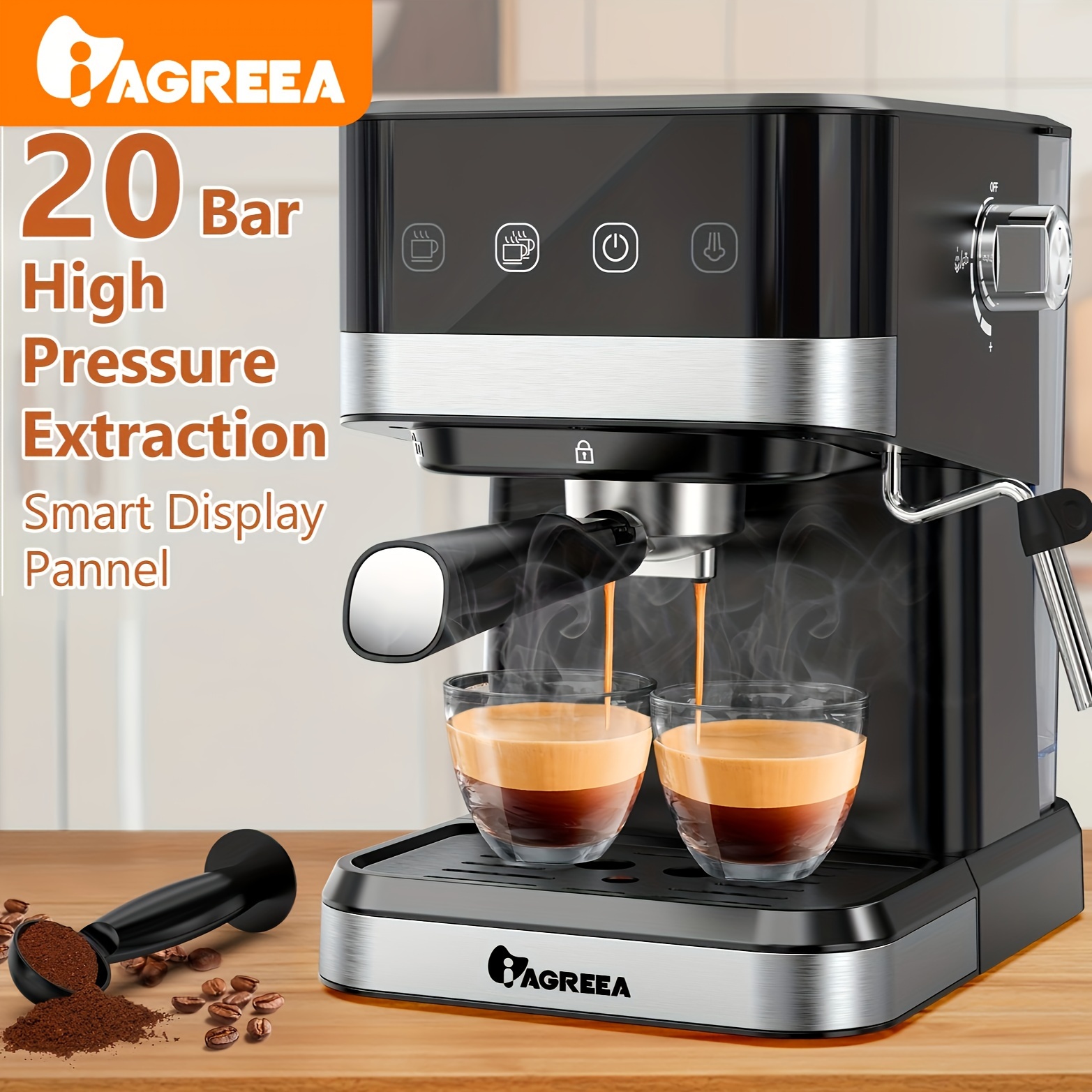 IAGREEA Italian Espresso Machine, 20Bar, 1.5L/50oz, Detachable Water Tank,  Digital Touch Screen, Automatic Pause, Suitable For Espresso/cappuccino/lat