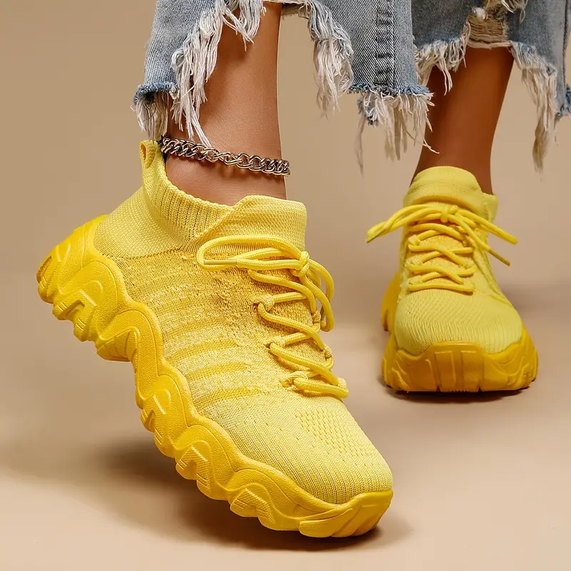 Women's Yellow Knitted Sneakers Breathable Comfortable Low - Temu