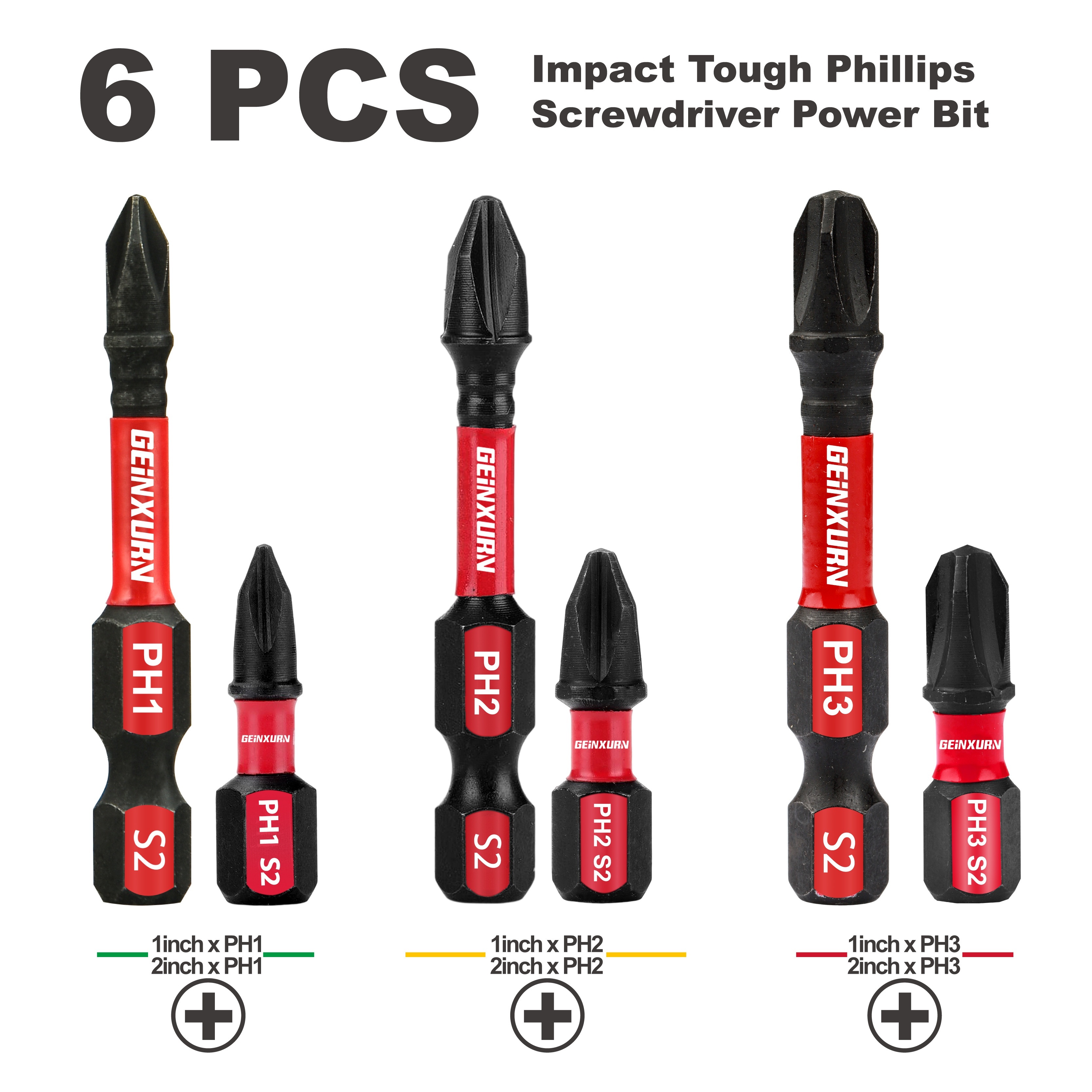 

Geinxurn Impact Screwdriver Bit Set - Ph1/ph2/ph3, S2 Steel, Precision Machined Tips For Grip & Durability, White/red/black