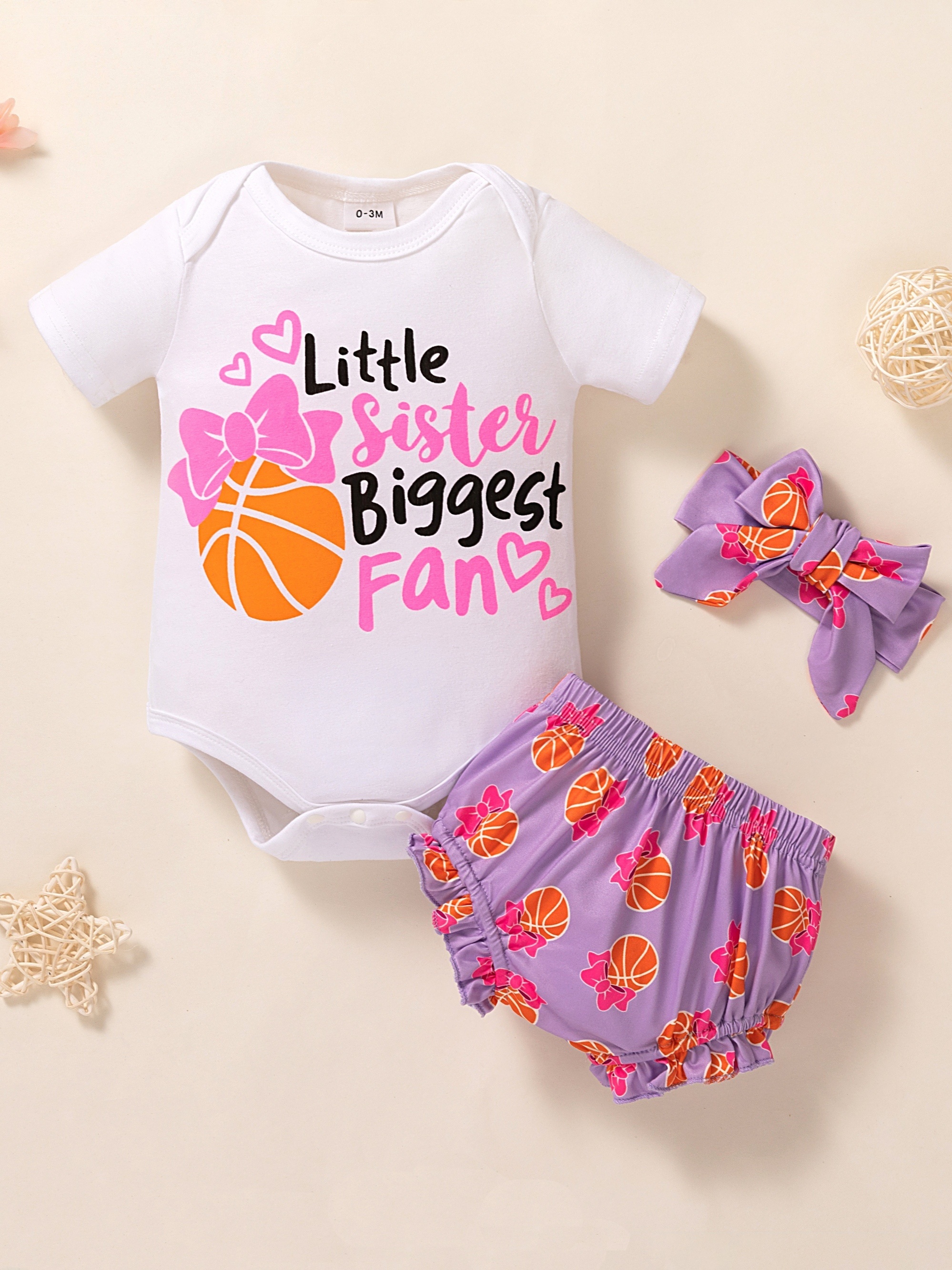 Temu 3pcs Baby Girls Little Sister Biggest Fan Baseball Print Cute Short Sleeves Onesie & Shorts & Headband, Hair Band, Baby Summer Clothes Sets