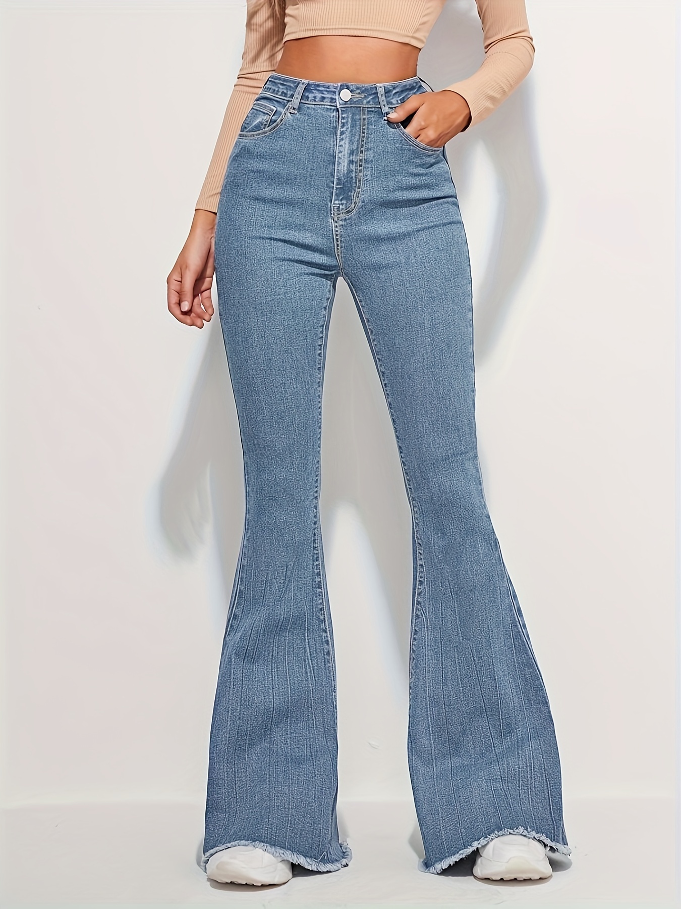 Lace Tie Side Bootcut Jeans High Strech Washed Bow Bell - Temu Belgium