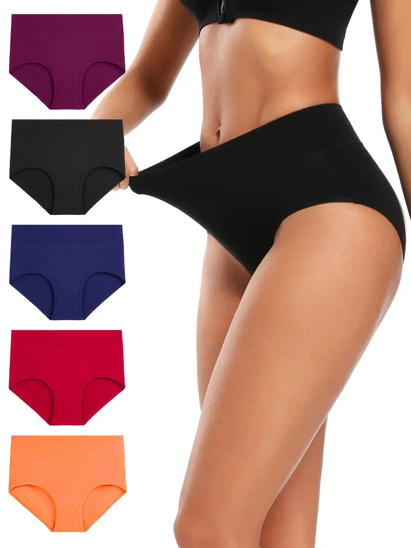 5pcs Women's Simple Panties Set, Plus Size Solid Elastic Waistband  Double-layered Crotch Briefs