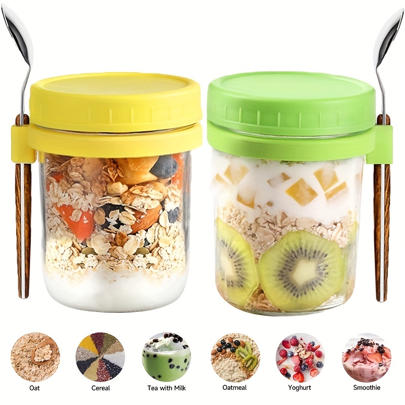 2 Pcs 350ML Oatmeal Cup Glass Airtight Breakfast Meal Prep Glass Container  Yogurt Salad Cereal Fruit Jar With Lids And Spoons