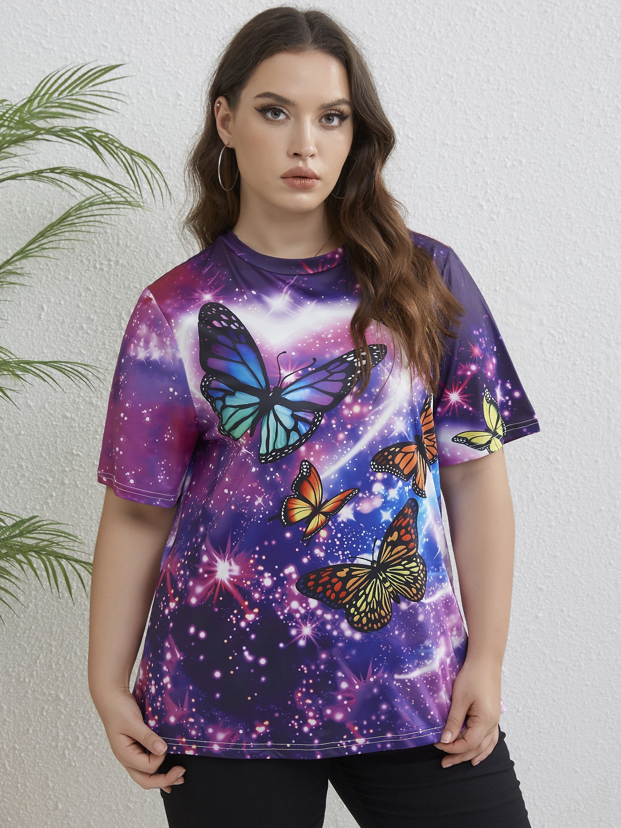 Plus Size Casual T shirt Women's Plus Glitter Butterfly - Temu