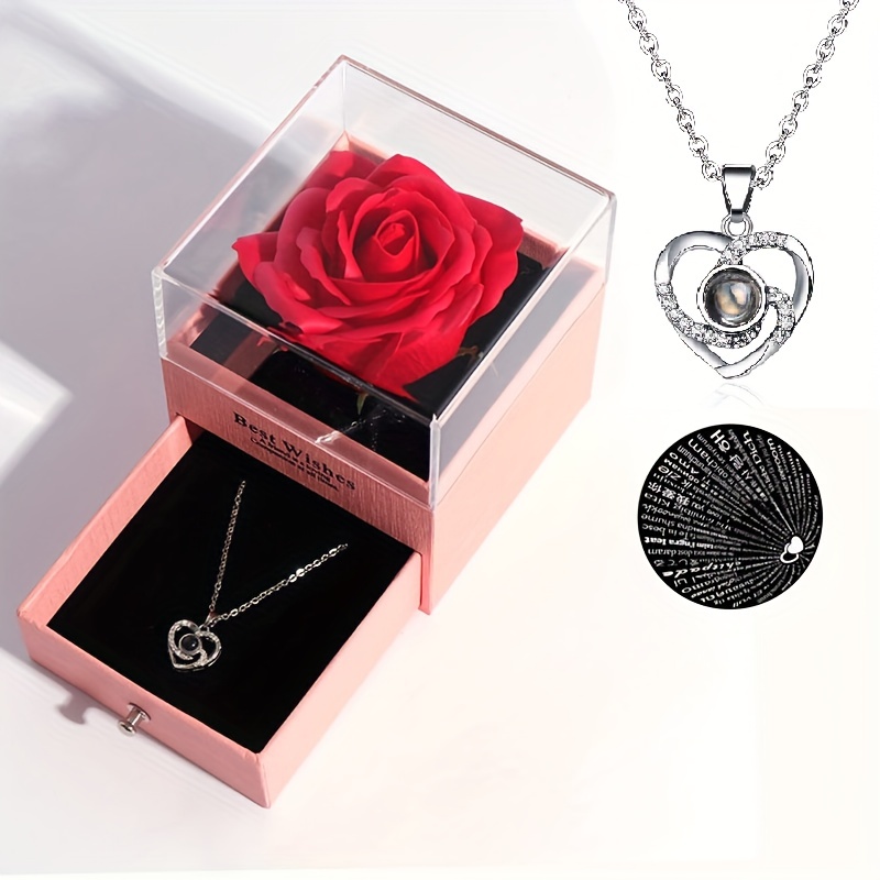 I Love You Necklace With Red Rose - Romantic Gifts For Her Wife Girlfriend  On Anniversary Valentine's Day Birthday Gifts For Women Mom Superb