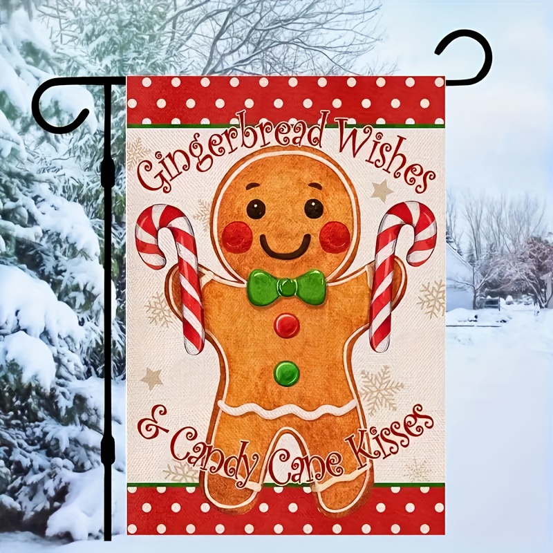 

1pc, Christmas Gingerbread Wishes And Candy Cane Kisses Decorative Garden Flag, Xmas Home Yard Small Outdoor Decor, Winter Outside Decoration, Home Decor, Outdoor Decor, Yard Decor, Garden Decorations