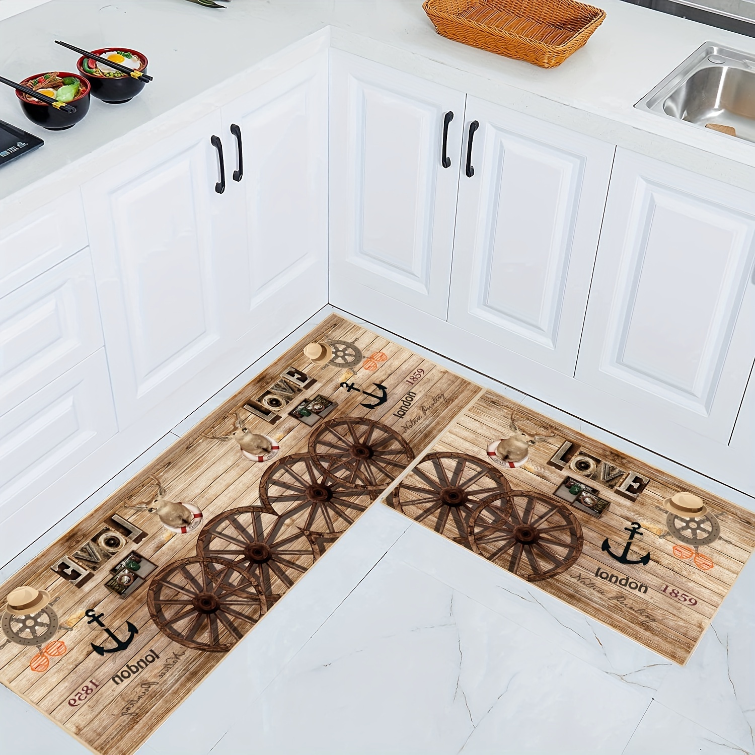 Farmhouse Wood Kitchen Rugs Mats Set of 2 Rustic Texas Star Anti