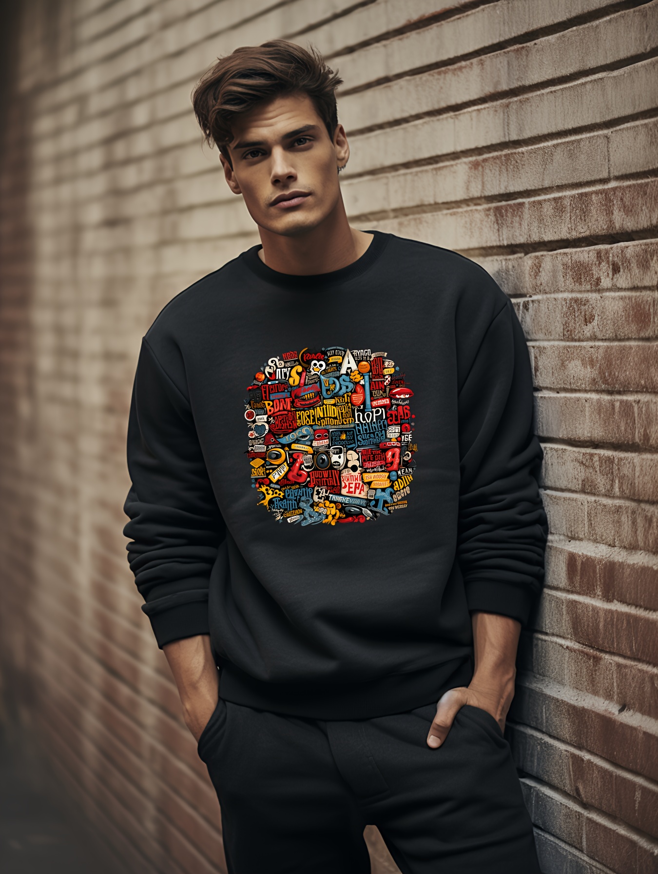 Pizza Illustration Print Trendy Sweatshirt Men's Casual - Temu