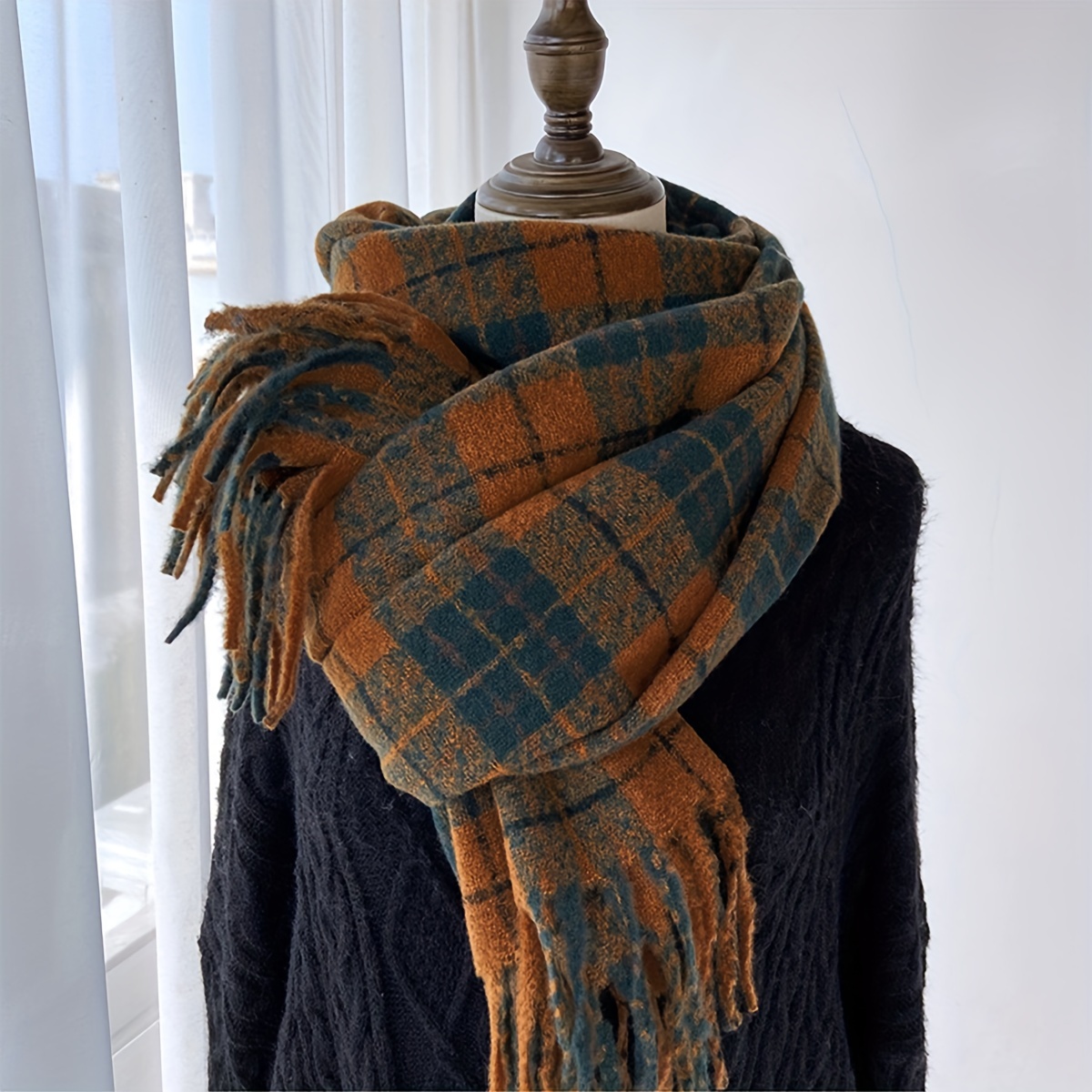 100 % Soft Wool Winter Neck Scarf Warm Soft Scarves Plaid Tassels Shawl  Stole for Ladies (Khaki)