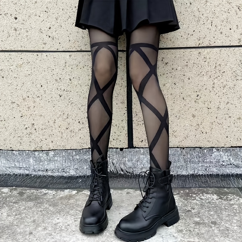Sexy Black Lace Cross Bandage Tights Thin Breathable - Temu