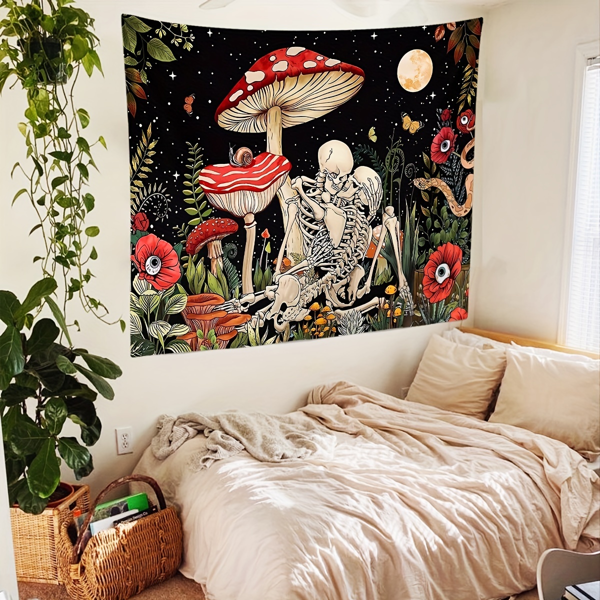 Skull Flowers Tapestry, Floral Skeleton Wall Hanging Moon Garden