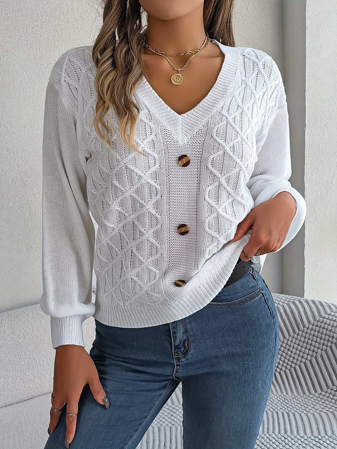 Button Decor V Neck Textured Sweater Casual Long Sleeve - Temu