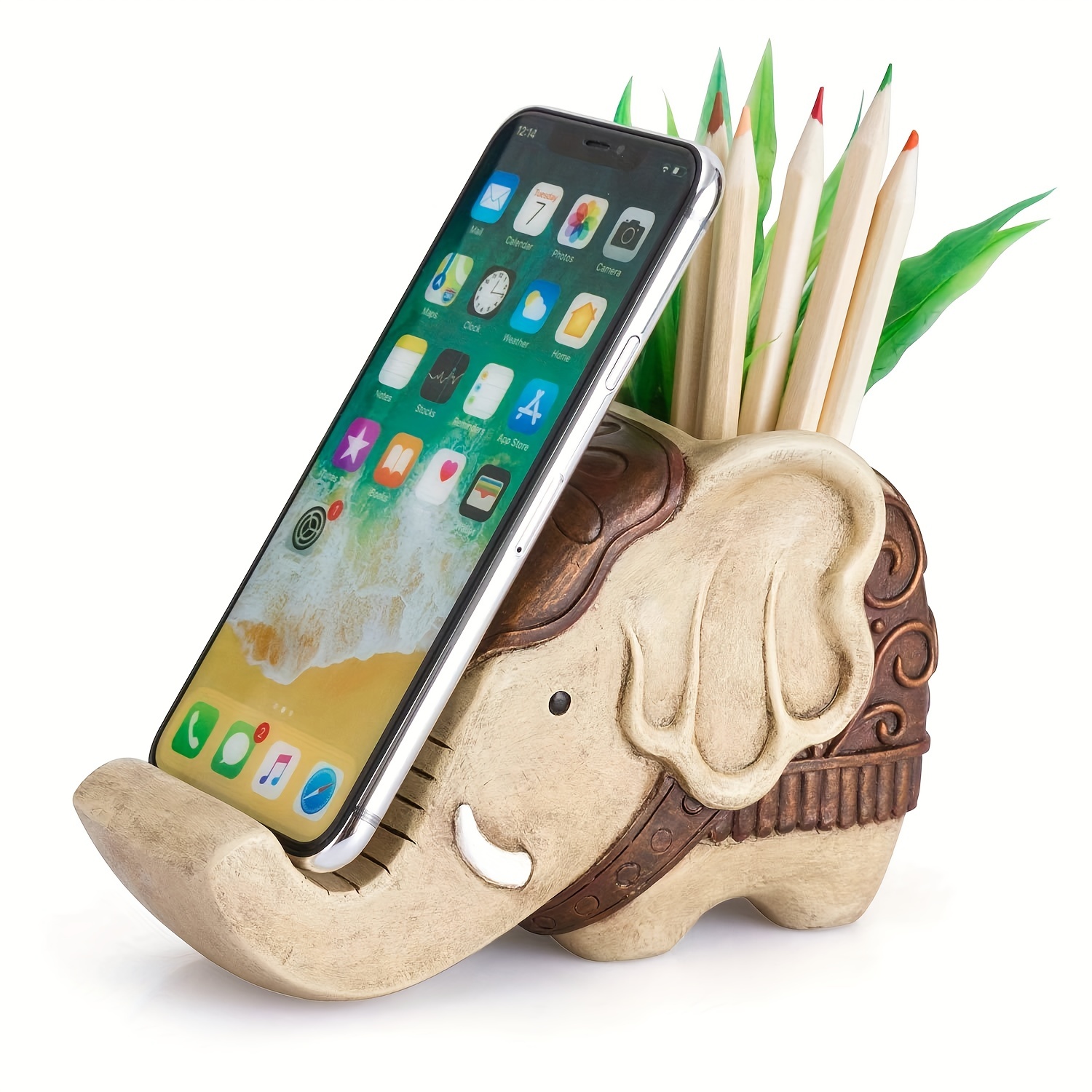 Supporto per telefono cellulare, supporto per telefono elefante in legno  per smartphone con organizzatore di scrivania portapenne (più grande)