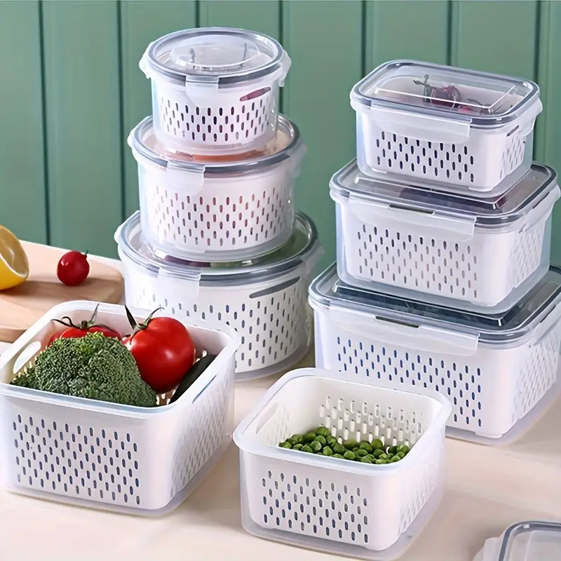 Fruit Vegetable Produce Storage Saver Containers With Lid & Colander,  Plastic Fresh Keeper, Refrigerator Fridge Organizer, For Salad Berry Lettuce  Food Meat Fish Celery - Temu Germany