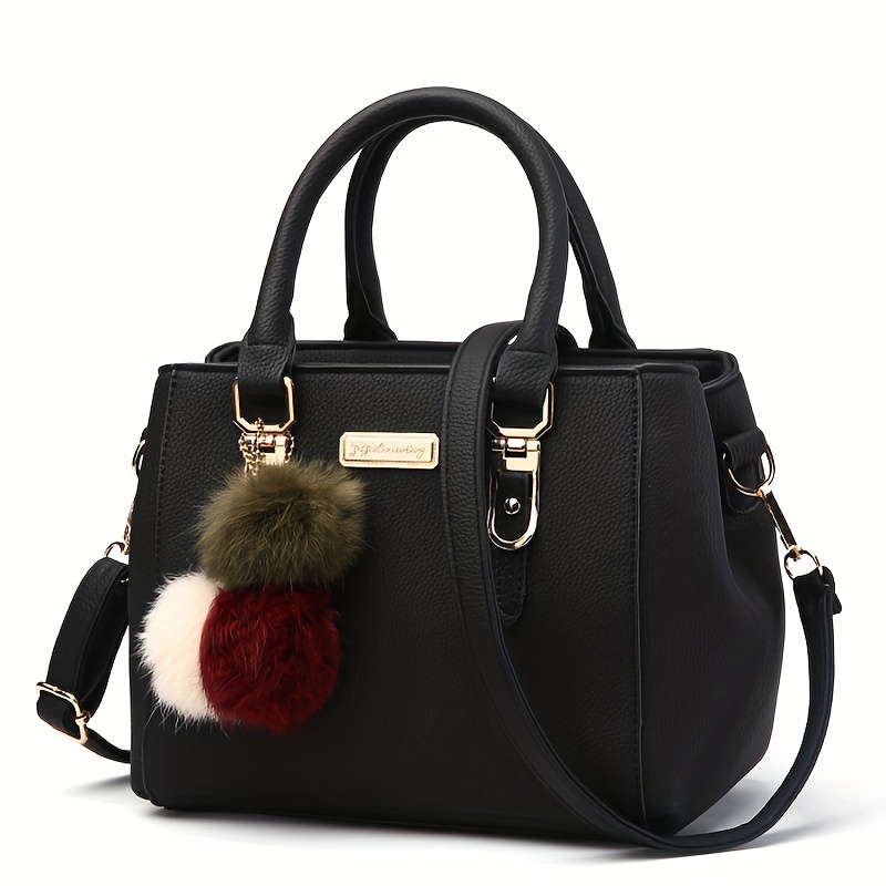 

Classic Solid Color Shoulder Bag, Trendy Elegant All-match Top Handle Satchel Bag With Pom Pom Decor