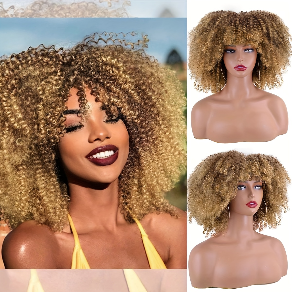 Curly Wigs With Bangs For Women Brown Curly Shag Synthetic Temu