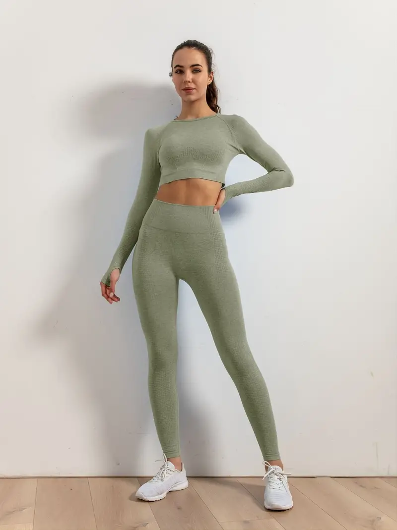 Women Seamless Yoga Suit Long Sleeve Crop Top Leggings Push Up Sports Pants  Set!