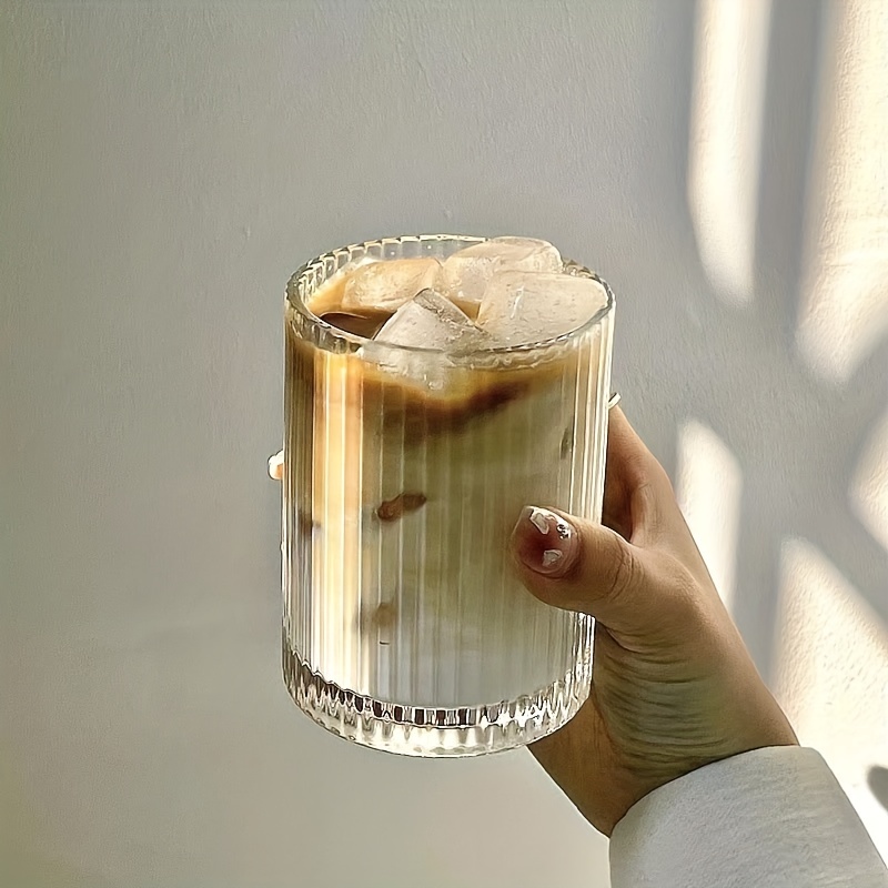 Vertical Striped Glass Cup, Iced Coffee Cup, Vintage Transparent