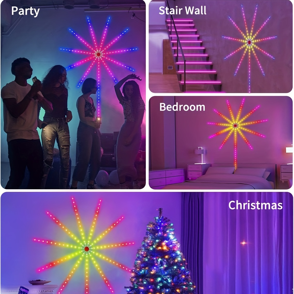 Luz LED inteligente de fuegos artificiales para decoración de dormitorio,  tira de luces LED con control remoto de aplicación, luz de sincronización  de