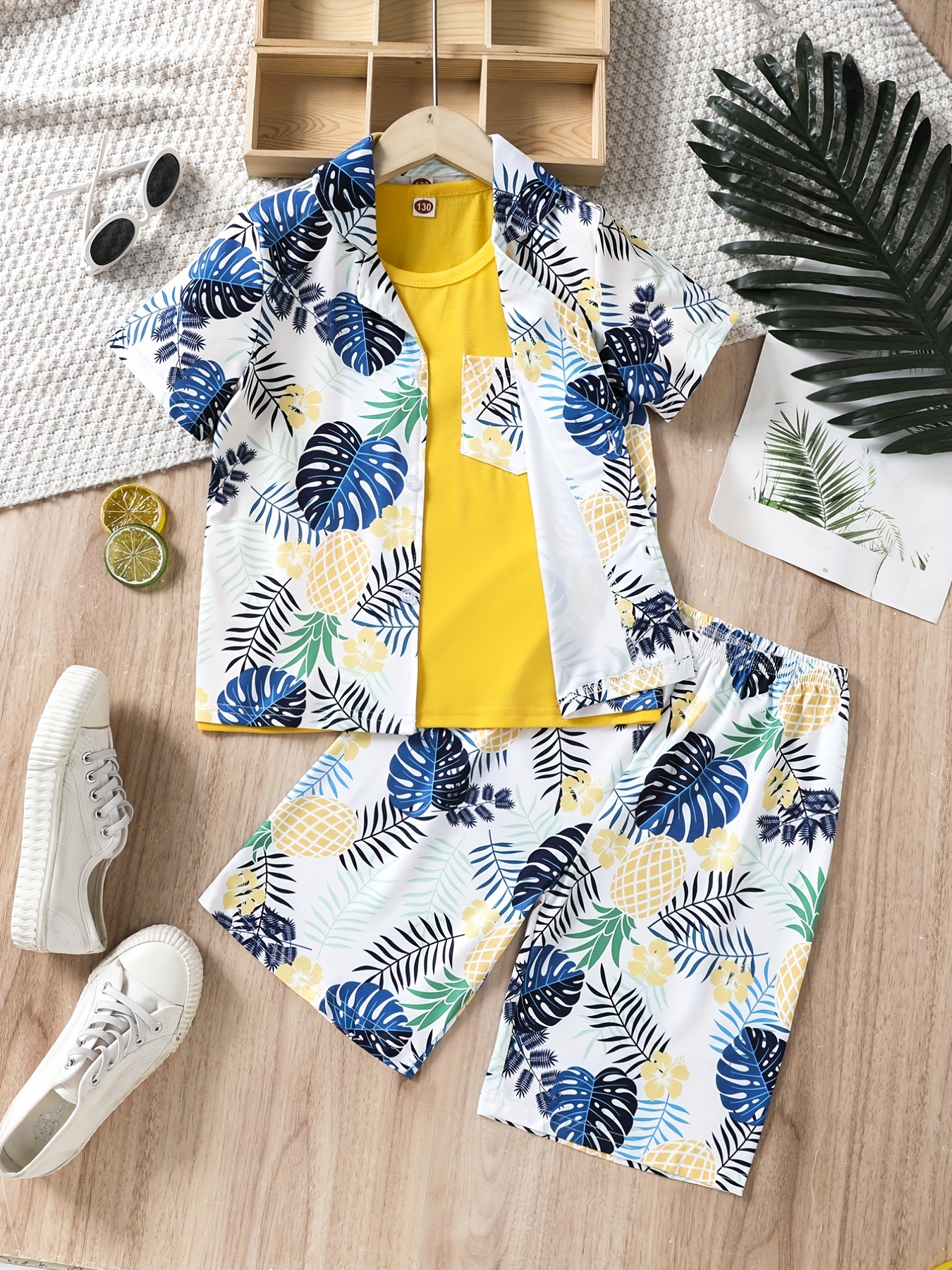 3pcs Big Boys Pineapple Leaves Full Print Front Button Up T-Shirt, Yellow  Tee And Shorts