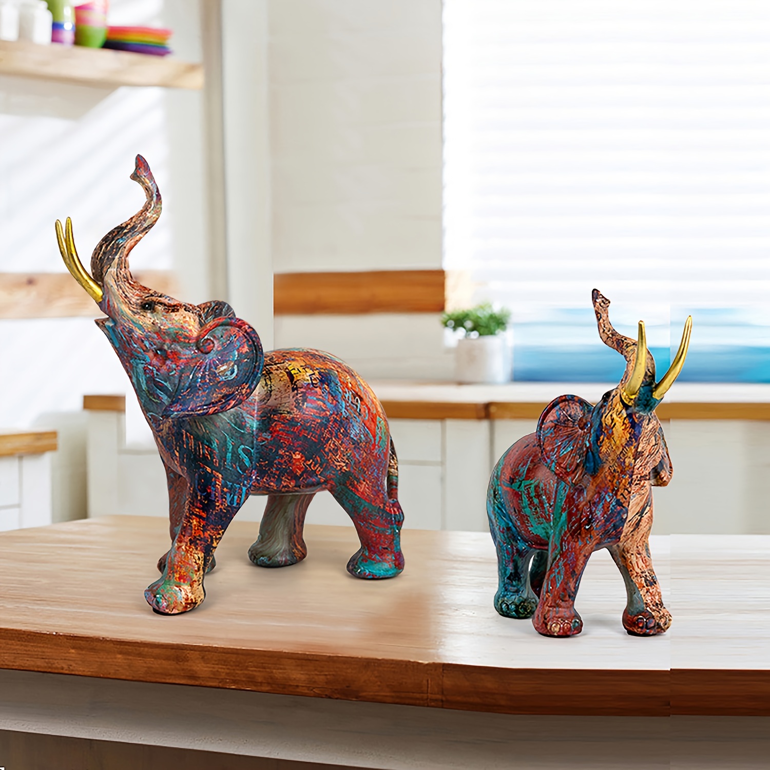 1pc 樹脂の幾何学的な象の装飾品、カラフルな動物の落書き象の彫刻の