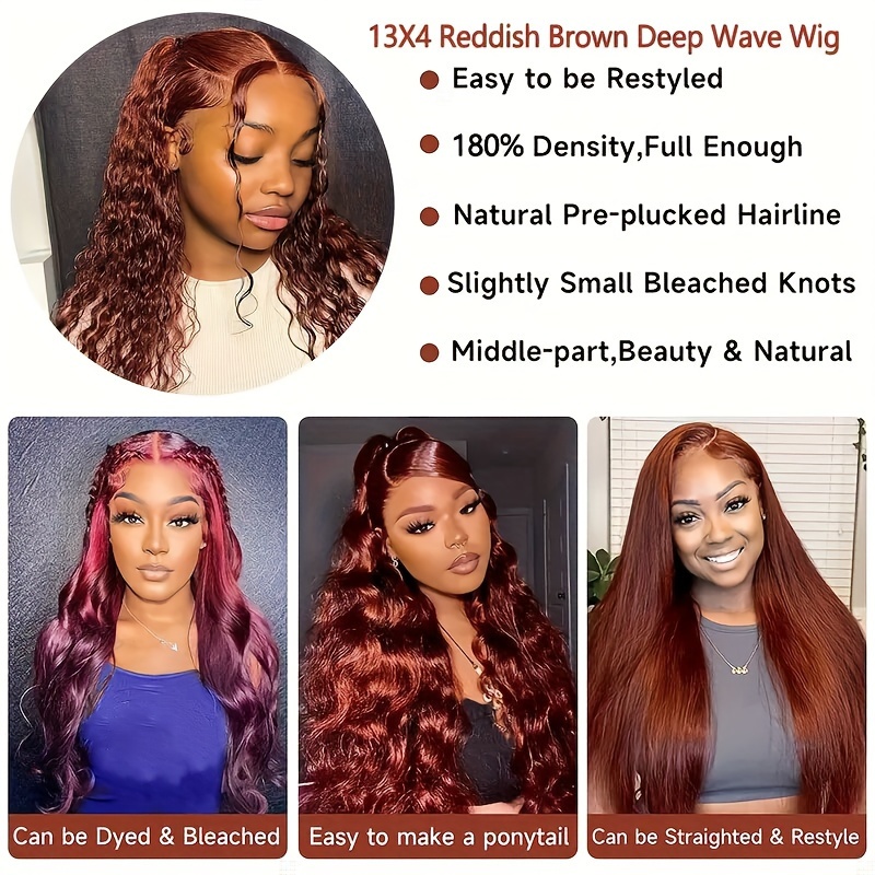 Reddish Brown Deep Wave Lace Front Wigs Human Hair 13x4 Hd - Temu