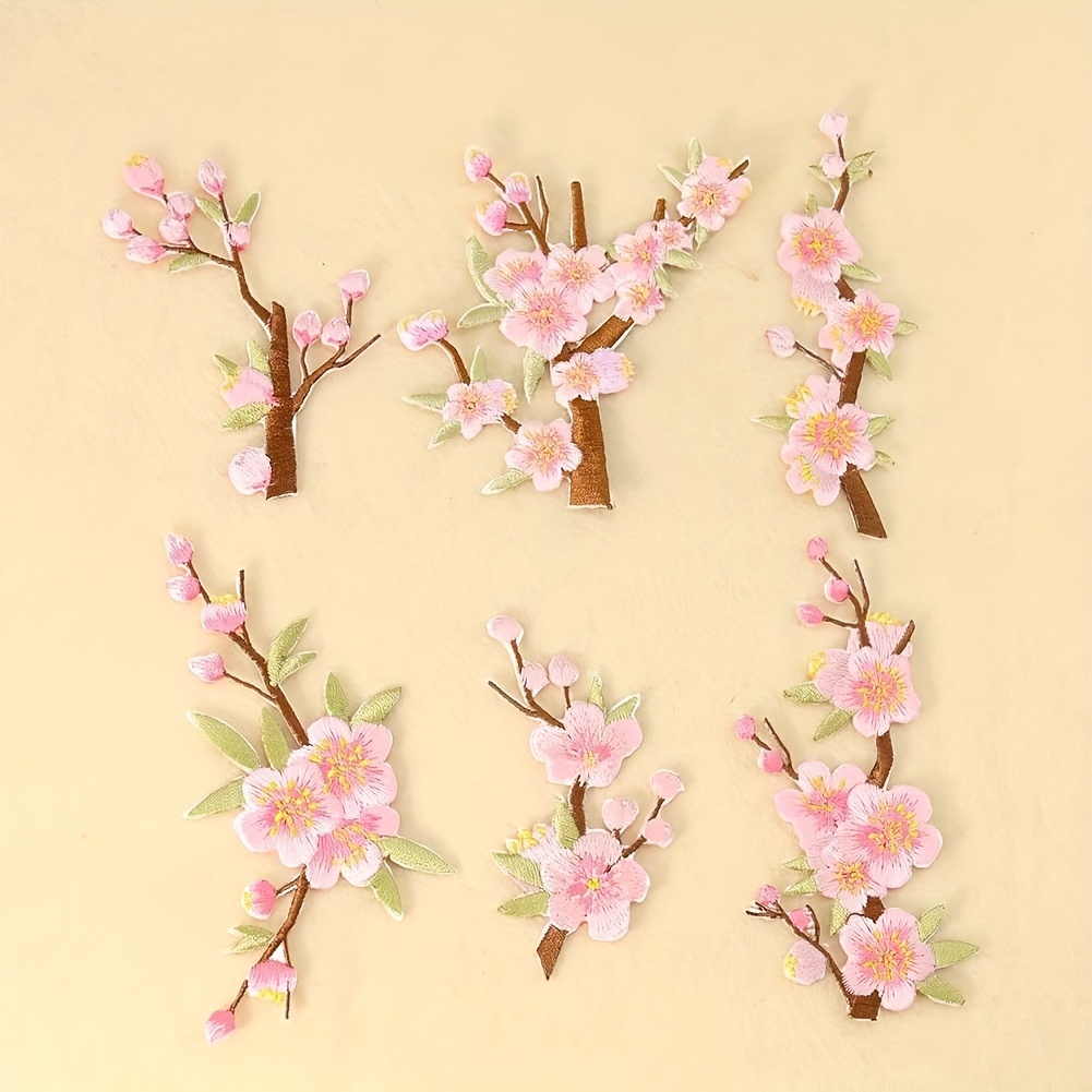 6 ピース/パック桃の花刺繍布貼り付け桜チャイナドレスパンツブックバッグ装飾アップリケ、手縫いまたはアイロン