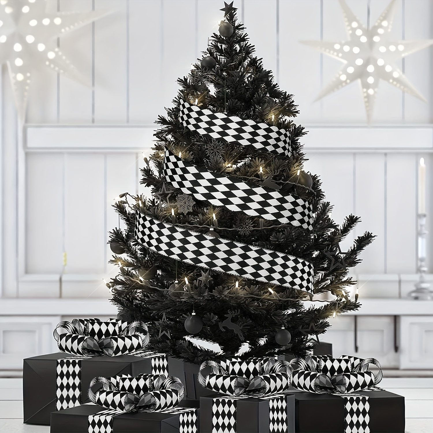 1 Roll, 5 Yards Christmas Black And White Checkered Ribbon Diamond Check  Wired Edge Ribbon Diamond Pattern Decorative Ribbons For Christmas Tree DIY  H