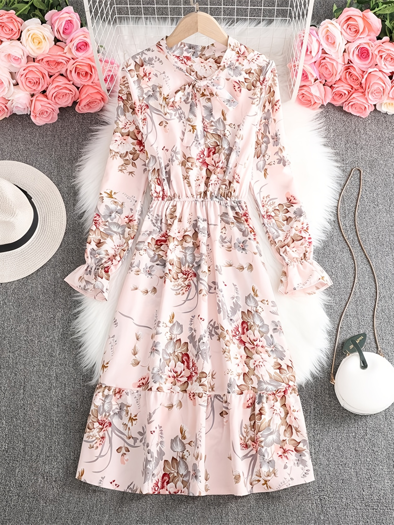 Vestidos Mujer Faja Estampado Floral Mangas Largas Vestidos - Temu