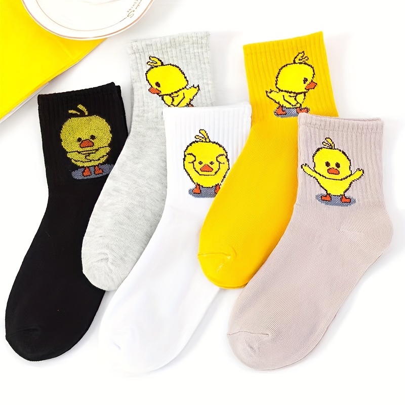 

5 Pairs Cartoon Duck Print Socks, Cute & Soft Mid Tube Socks, Women's Stockings & Hosiery