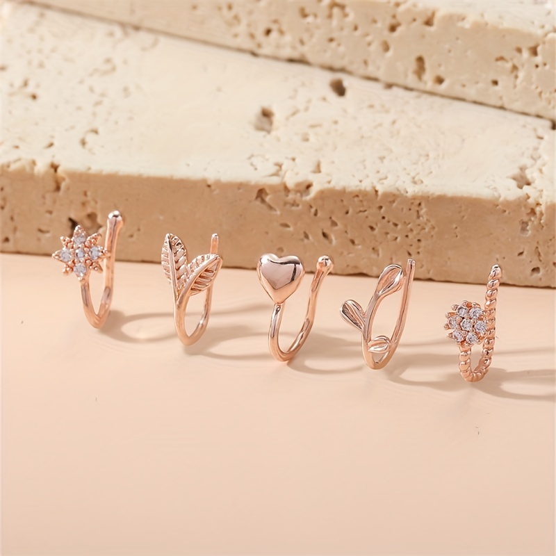 

5pcs Leaf Love Heart Clip On Nose Ring Set Inlaid Shiny Zircon Women's Versatile Fake Piercing Nose Ring Set
