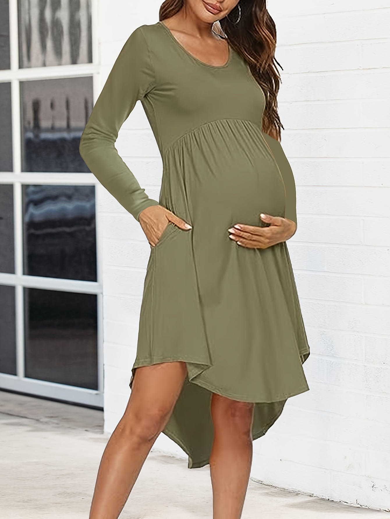 Pregnant Women's Maternity Elegant Knitted High Elastic Dress, Long Sleeve  Solid Crew Neck Slim Fit Dress