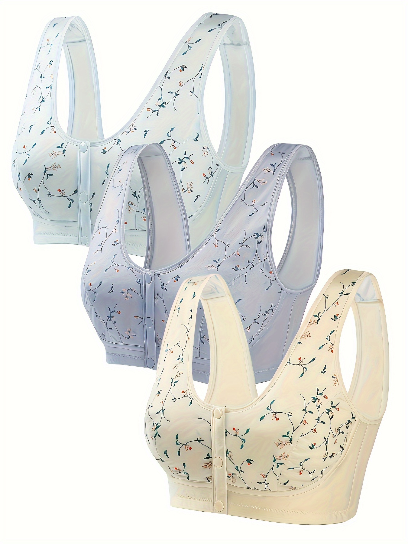 Floral Print Button Front Wireless Bras Comfy Breathable - Temu Canada