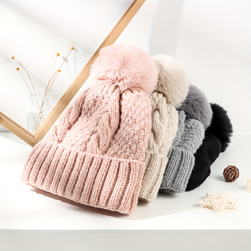 - Pom Thick With Color Solid Beanie Classic Fleece Trendy Temu