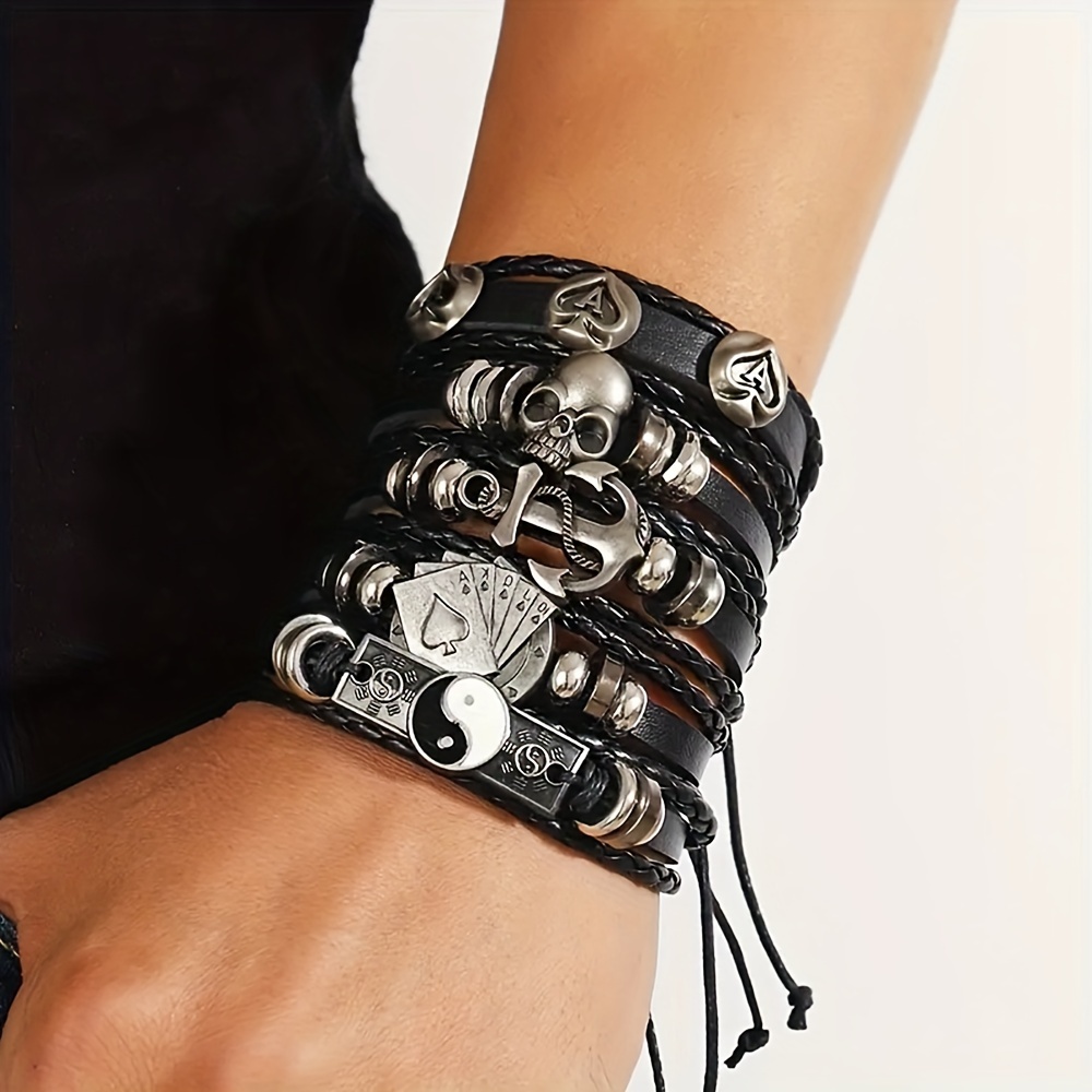 Conjunto de 5 Pulseras de Cuero Sintético con Encanto de Calavera y Tai Chi Estilo Hip Hop Punk para Hombres - Multicapa, Diseño Yin Yang
