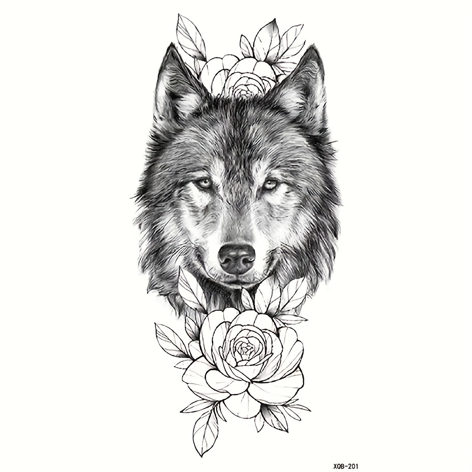 Wolf Head Flower Tattoo Sticker Waterproof Temporary Arm Body Sticker