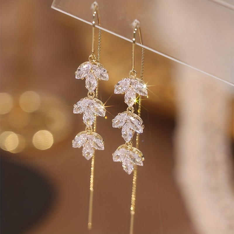 TGNEL Long Olive Leaves Tassel Titanium Dangle Earring Cubic Zirconia Droplet Leaf Earrings Jewellery Charms for Women, Pure Titanium Earrings Hooks
