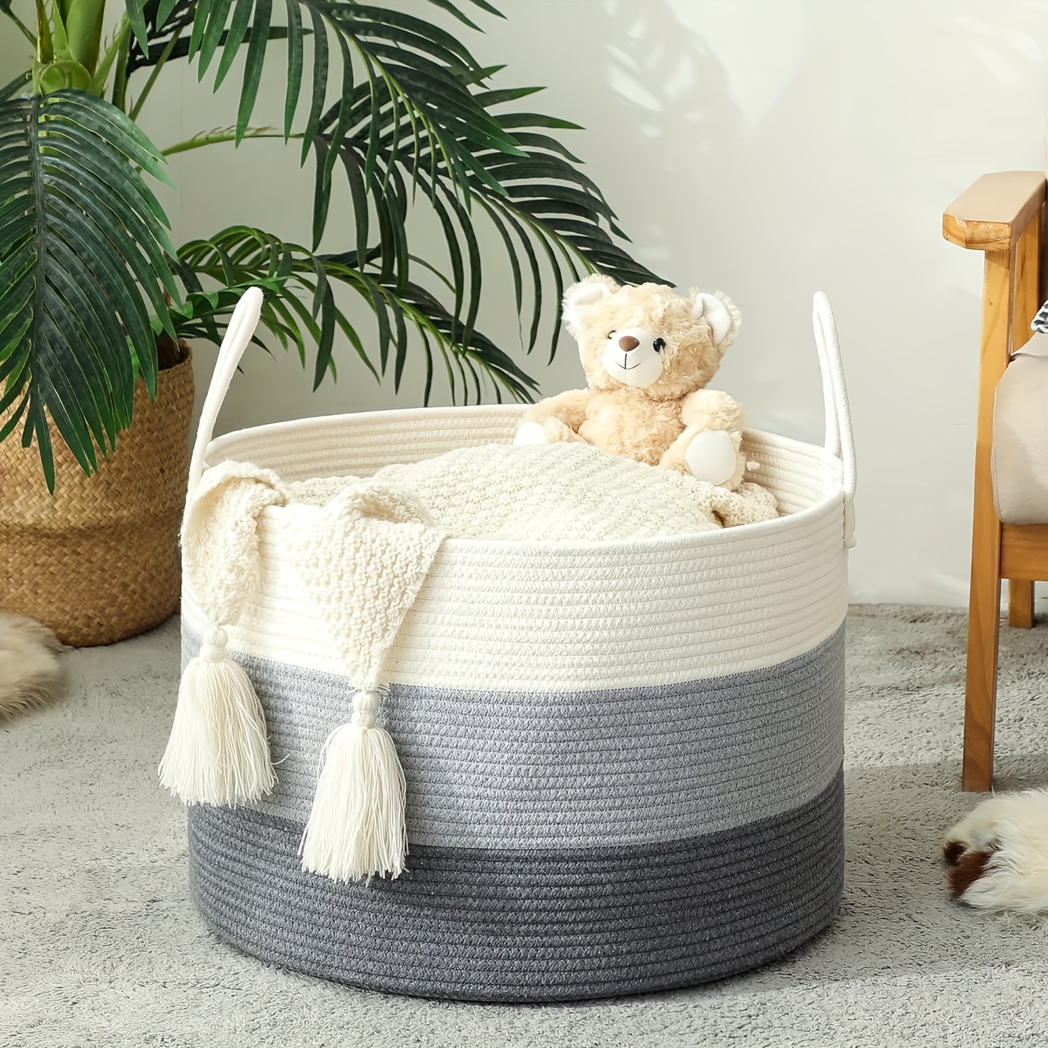 Laughbird Cestas para organizar grandes cestas rectangulares tejidas de  cuerda de algodón, color blanco con asas para estantes, cuarto de bebé