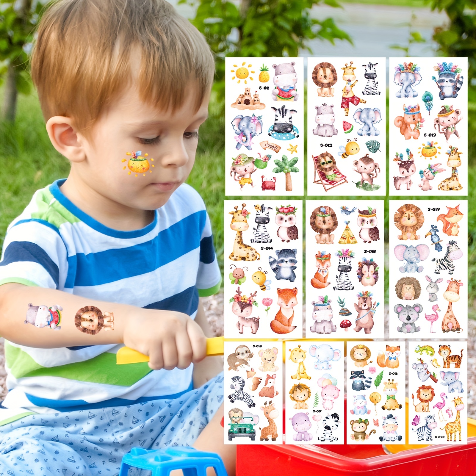 10pcs Cartoon Animals Children's Watercolor Temporary Tattoo Sticker Set - Birthday Party Supplies