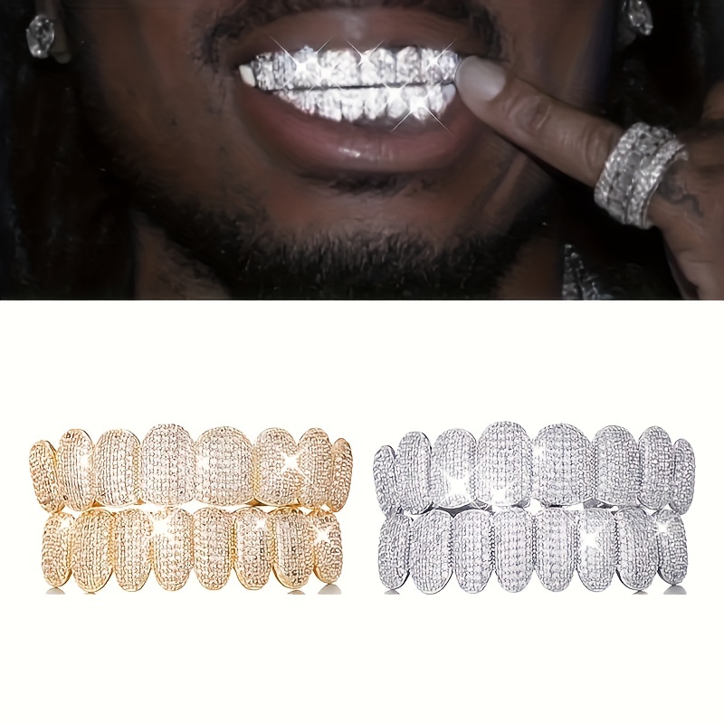 Grillz de dientes CZ chapado en oro y plata para Unisex, juego de parrillas  superior e inferior, joyería Dental Punk, Hip Hop