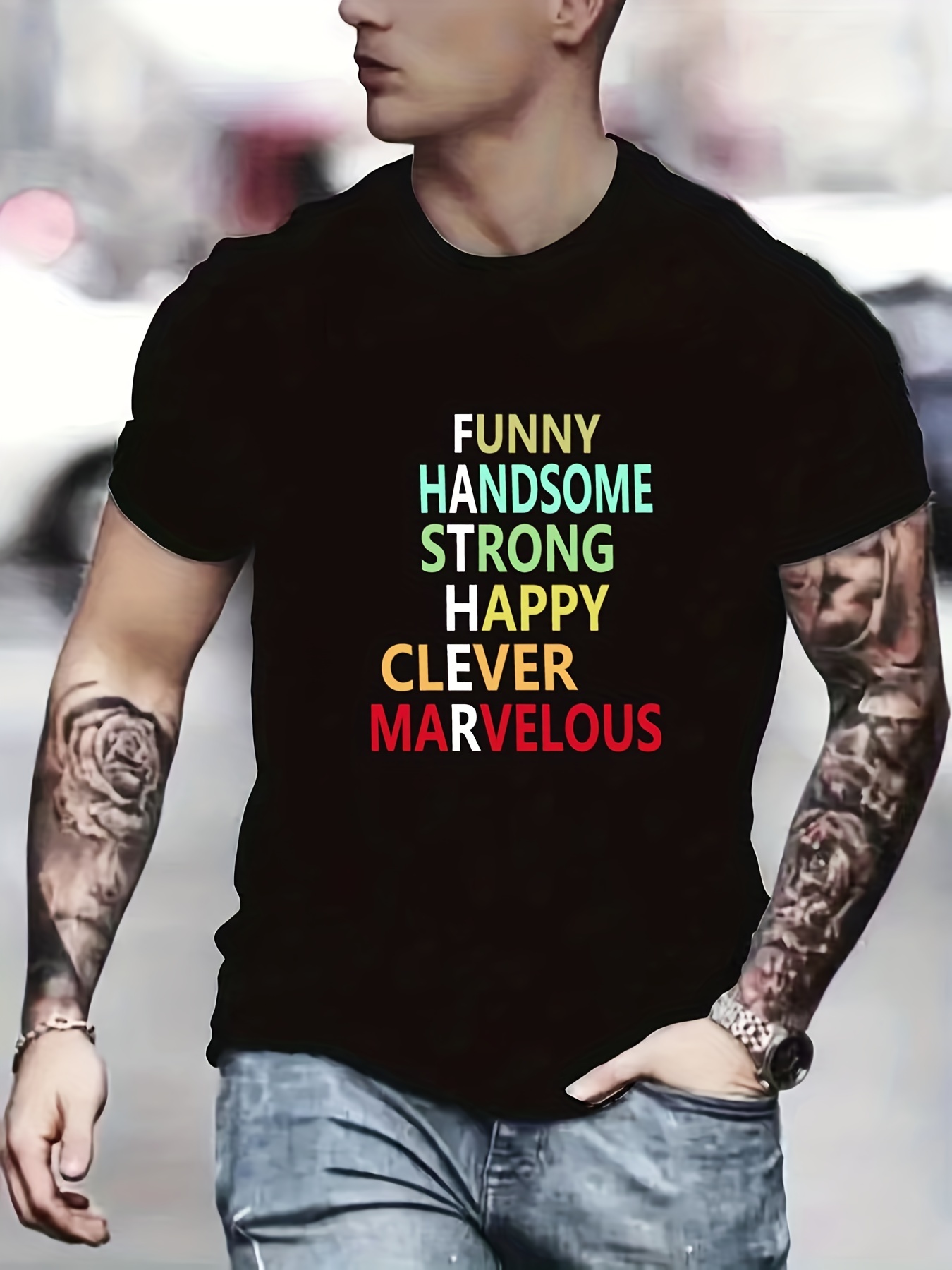 Mens Fathers Day Funny Handsome Strong Happy Clever Marvelous Dad Black  T-Shirt