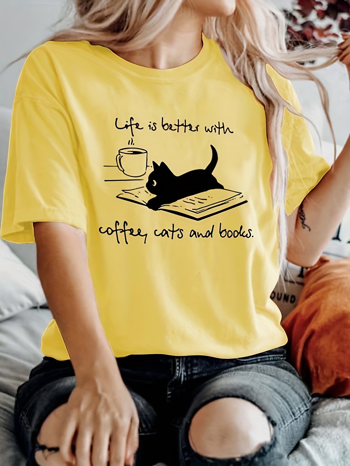 Cat Letter Print Crew Neck T Shirt Casual Short Sleeve T Temu